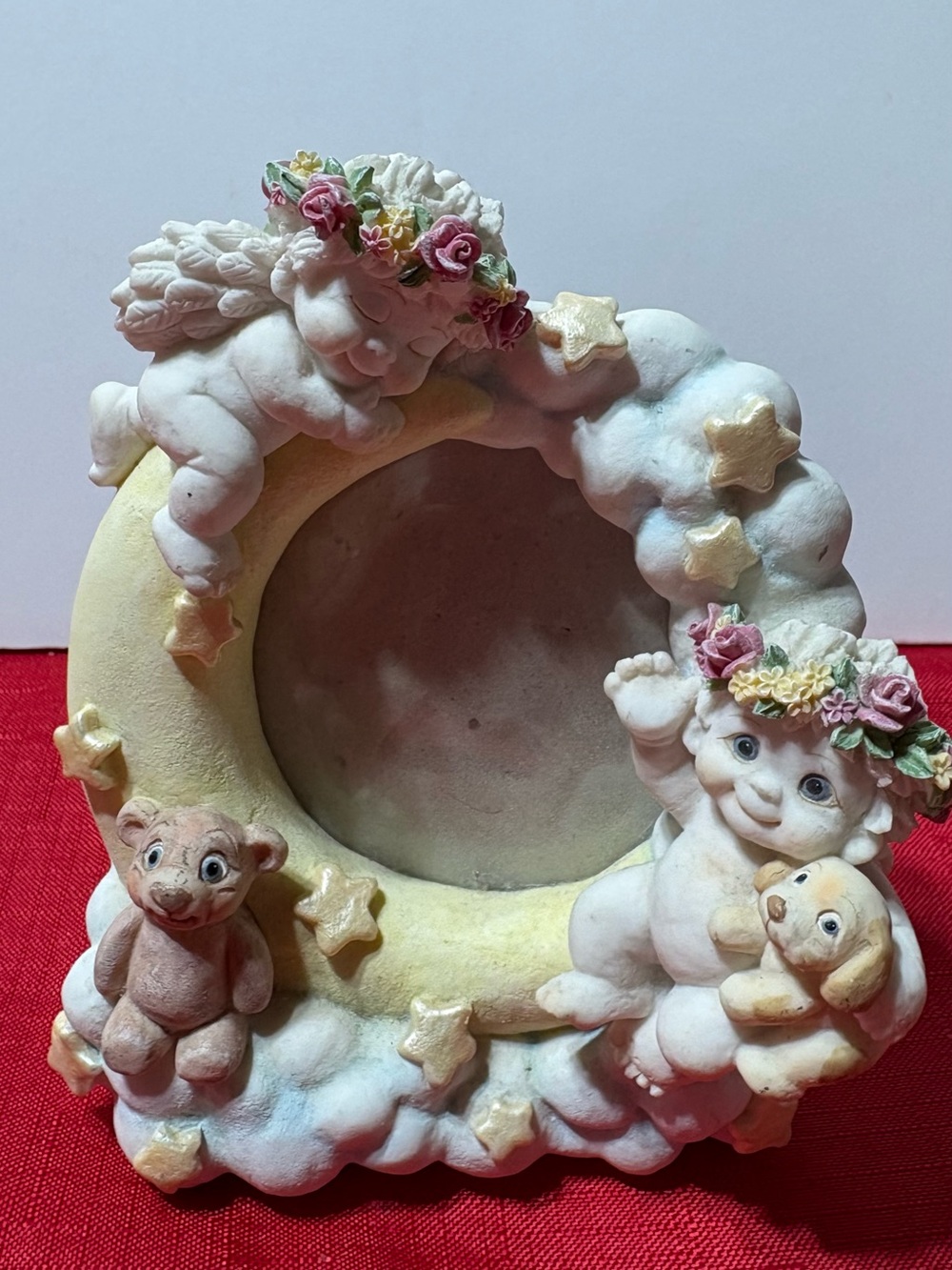 Cherub Moon Frame with Floral Crowns and Teddy Bears - Pastel